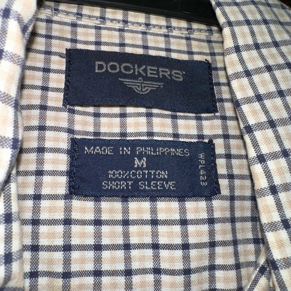 Dockers Men's Navy Cream Plaid SS Shirt Size M Seersucker Cotton Blend Button - Picture 12 of 12